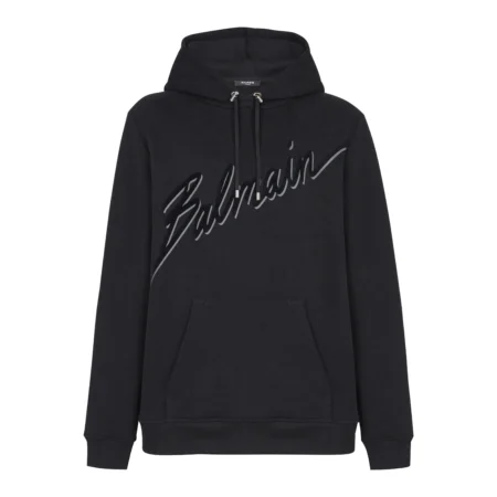 Balmain Flocked Letter Hoodie in Black, featuring a bold flocked logo and adjustable hood, available at Lestyle Boutique.