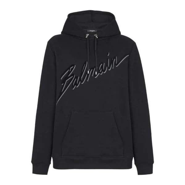 Balmain Flocked Letter Hoodie in Black featuring a bold flocked logo and adjustable hood available at Lestyle Boutique
