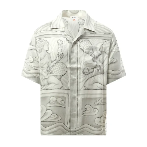 Casablanca Sacred Stone Cuban Collar Shirt in Grey crafted from premium silk with an elegant pattern available at Lestyle Boutique