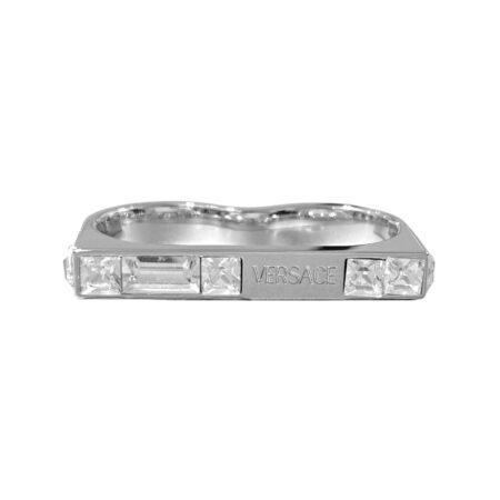 Versace Crystal Embellished Double Ring in silver-tone metal, featuring sparkling crystal embellishments and engraved VERSACE branding, available at Lestyle Boutique.