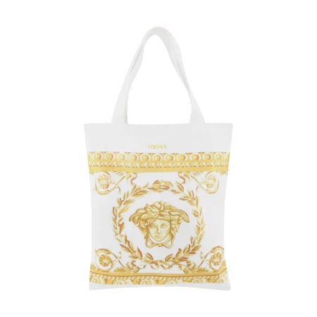 Versace Kids Medusa Tote Bag in white and gold, featuring the iconic Medusa motif and Barocco print with a spacious design, available at Lestyle Boutique.