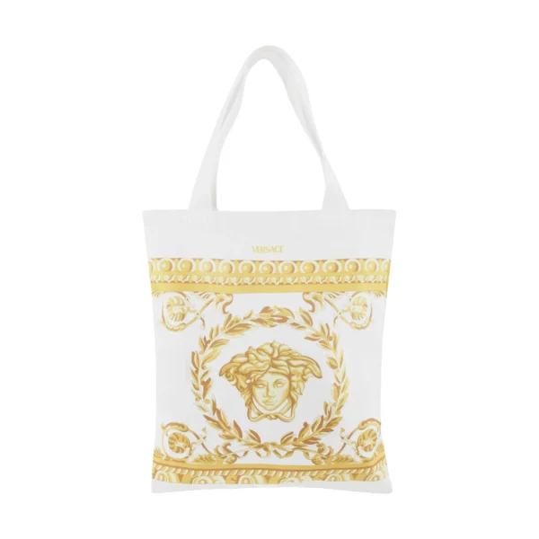 Versace Kids Medusa Tote Bag in white and gold featuring the iconic Medusa motif and Barocco print with a spacious design available at Lestyle Boutique