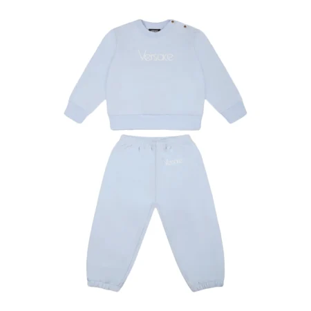 Versace Baby Boy Light Blue Logo Sweatshirt Set in a soft cotton blend, featuring an embroidered logo, ribbed cuffs, and an elasticated waist, available at Lestyle Boutique.