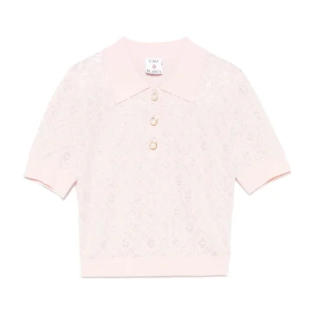 Casablanca pink crystal-monogram polo top with ribbed trims and button placket, available at Lestyle Boutique.