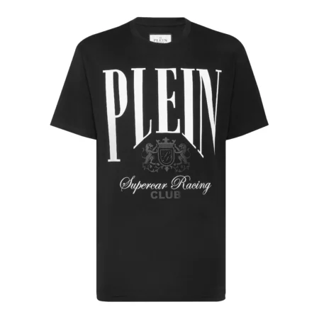 Philipp Plein black and white Cars Racing Club jersey T-shirt, featuring a bold front print, rib-knit neckline, and premium cotton jersey construction, available at Lestyle Boutique.