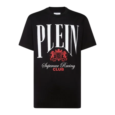 Philipp Plein black and red Supercar Racing Club jersey T-shirt, featuring a bold front print, rib-knit neckline, and high-quality cotton jersey fabric, available at Lestyle Boutique.
