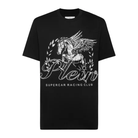 Philipp Plein black and white Supercar Racing Club T-shirt featuring rhinestone embellishments, bold front print, rib-knit neckline, and luxury cotton jersey fabric, available at Lestyle Boutique.