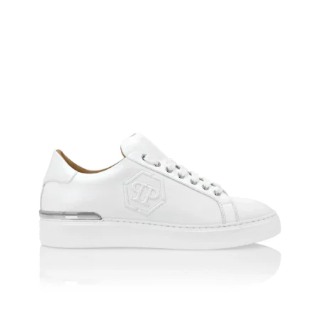 Philipp Plein white Nappa leather lo-top sneakers featuring a PP Hexagon logo print, nickel-plated heel stabilizer, moulded outsole, and luxury craftsmanship, available at Lestyle Boutique.