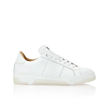 Philipp Plein white leather lo-top sneakers featuring contrasting rubber details, a bold coloured strap, and a shock-absorbing midsole, available at Lestyle Boutique.