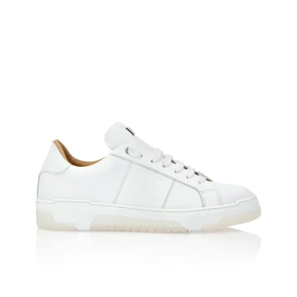 Philipp Plein white leather lo top sneakers featuring contrasting rubber details a bold coloured strap and a shock absorbing midsole available at Lestyle Boutique