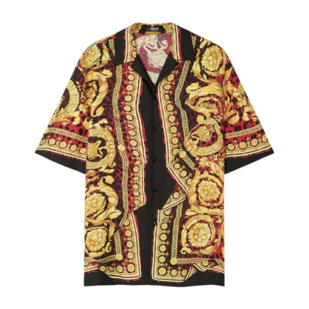 Versace Wild Barocco short-sleeve silk shirt in a multicolour print, featuring a notch lapel, relaxed shoulders, and full button closure, available at Lestyle Boutique.
