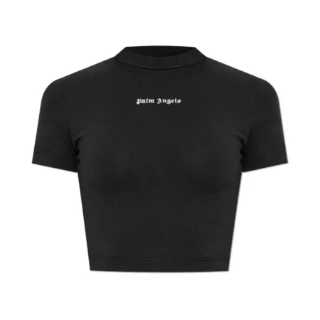 Palm Angels black cropped T-shirt with embroidered logo on the chest, high neckline, and short sleeves, available at Lestyle Boutique.