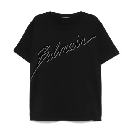 Balmain Loose SS T-shirt in black, crafted from 100% cotton, featuring a crewneck and a signature flocked Balmain logo. Available at Lestyle Boutique.