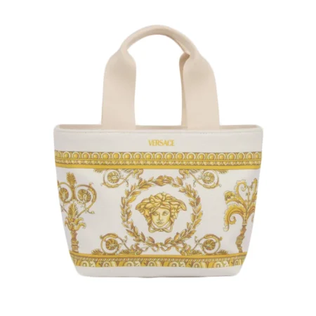 Versace Kids Baroque Print Canvas Tote Bag in white and gold, featuring the iconic Medusa motif and Barocco print, available at Lestyle Boutique.