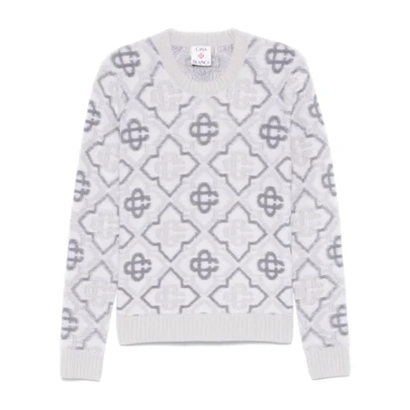 Casablanca light grey monogram sweater with ribbed cuffs and a crew neck, featuring a premium merino wool blend, available at Lestyle Boutique.