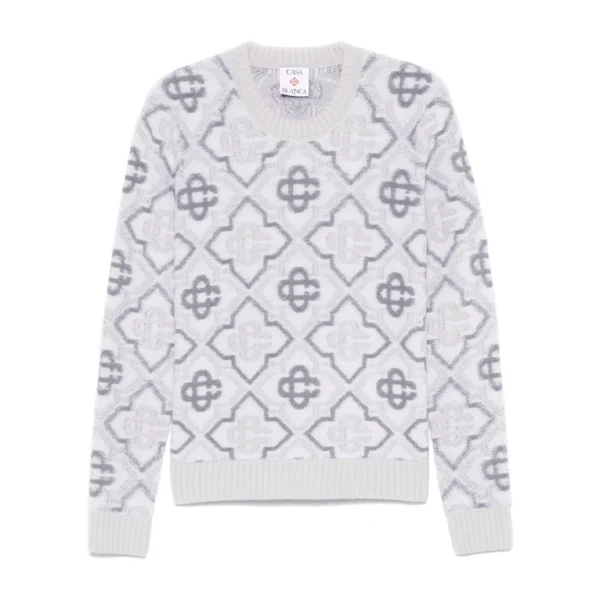 Casablanca light grey monogram sweater with ribbed cuffs and a crew neck featuring a premium merino wool blend available at Lestyle Boutique