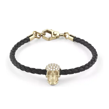 Philipp Plein gold and black braided leather bracelet with a crystal-studded skull charm and gold-tone clasp, available at Lestyle Boutique at 136 Little Collins Street, Melbourne.