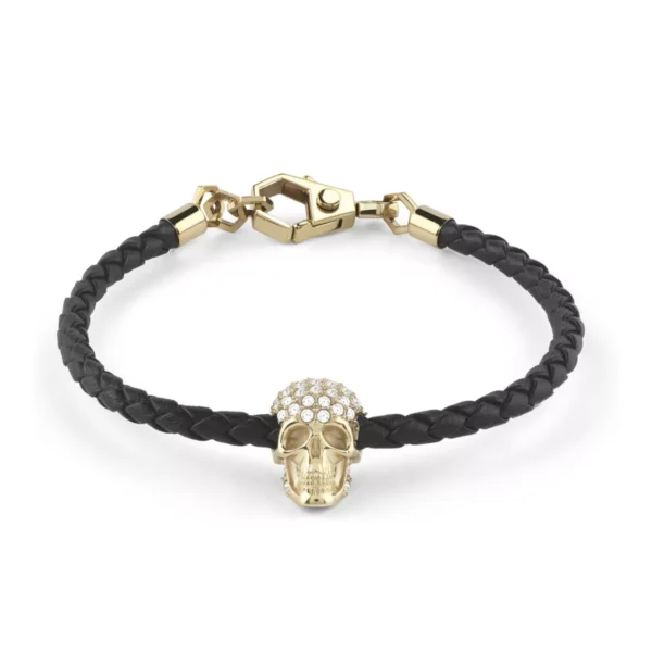 Philipp Plein gold and black braided leather bracelet with a crystal studded skull charm and gold tone clasp available at Lestyle Boutique at 136 Little Collins Street Melbourne
