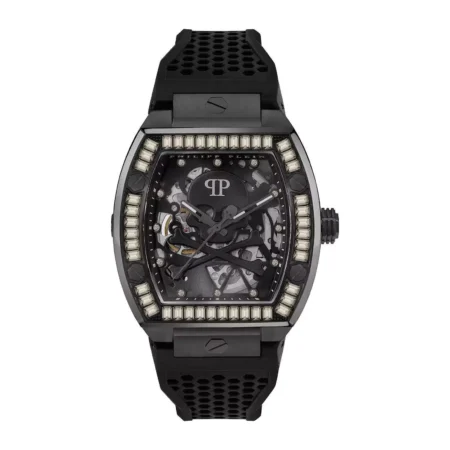 Philipp Plein PWBAA1923 men’s skeleton automatic watch with black tonneau case, crystal markers, and black rubber strap, available at Lestyle Boutique at 136 Little Collins Street, Melbourne.