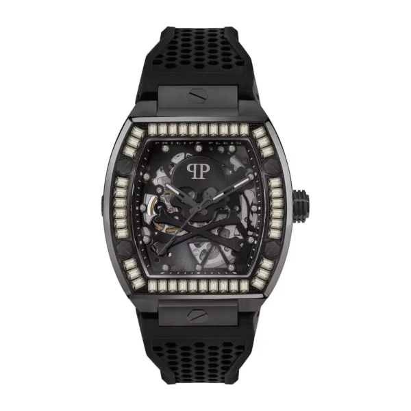 Philipp Plein PWBAA1923 mens skeleton automatic watch with black tonneau case crystal markers and black rubber strap available at Lestyle Boutique at 136 Little Collins Street Melbourne