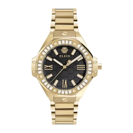 Philipp Plein women's gold 39mm bracelet watch with gemstone bezel and black patterned dial, available at Lestyle Boutique at 136 Little Collins Street, Melbourne.