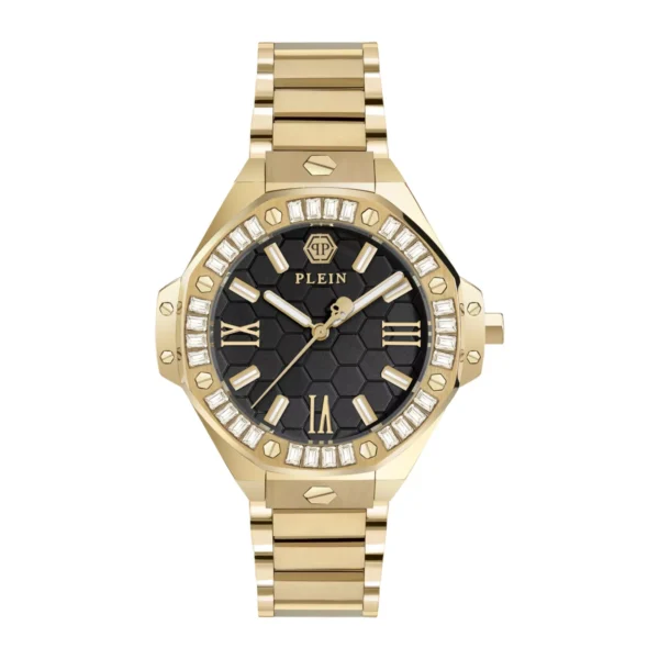 Philipp Plein womens gold 39mm bracelet watch with gemstone bezel and black patterned dial available at Lestyle Boutique at 136 Little Collins Street Melbourne
