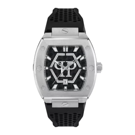 Philipp Plein Hexagon Phantom men’s watch with black silicone strap and hexagonal dial in stainless steel, available at Lestyle Boutique at 136 Little Collins Street, Melbourne.