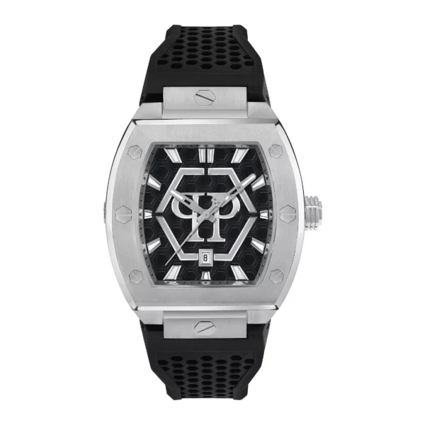 Philipp Plein Hexagon Phantom mens watch with black silicone strap and hexagonal dial in stainless steel available at Lestyle Boutique at 136 Little Collins Street Melbourne