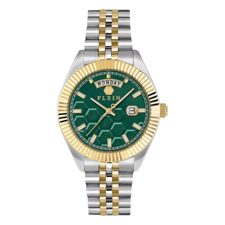 Philipp Plein men's Date Superlative watch in green with gold and silver stainless steel bracelet, available at Lestyle Boutique at 136 Little Collins Street, Melbourne.