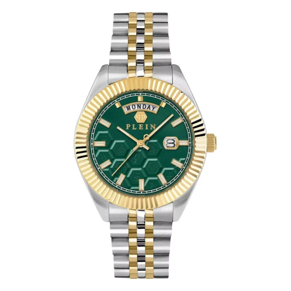 Philipp Plein mens Date Superlative watch in green with gold and silver stainless steel bracelet available at Lestyle Boutique at 136 Little Collins Street Melbourne