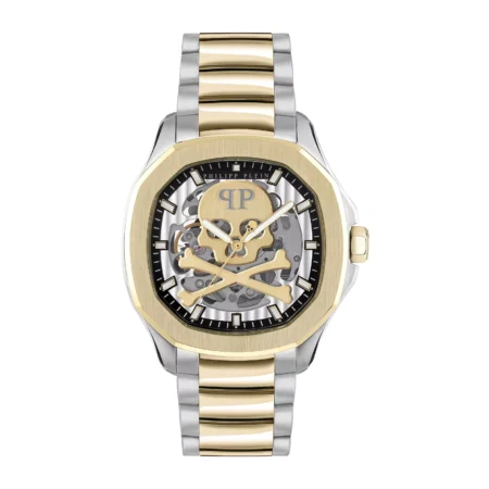 Philipp Plein men's skeleton automatic watch in gold and silver stainless steel with exposed dial and signature crossbones design, available at Lestyle Boutique at 136 Little Collins Street, Melbourne.