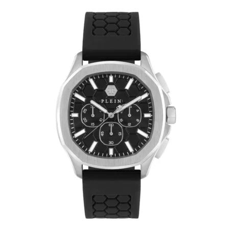 Philipp Plein men's High-Conic Chronograph watch in silver with a black dial and silicone strap, available at Lestyle Boutique at 136 Little Collins Street, Melbourne.