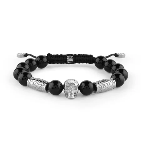 Philipp Plein black beaded bracelet with silver stainless steel skull and engraved barrel charms, finished with an adjustable textile cord, available at Lestyle Boutique at 136 Little Collins Street, Melbourne.