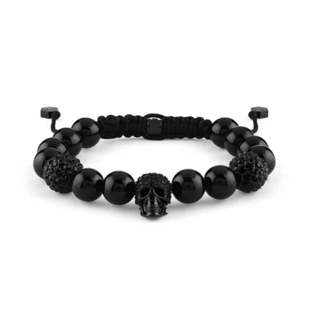 Philipp Plein black beaded bracelet with black stainless steel skull charms and adjustable textile cord, available at Lestyle Boutique at 136 Little Collins Street, Melbourne.