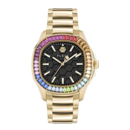 Philipp Plein women's Spectre watch in gold with multicolour crystal bezel and black dial, available at Lestyle Boutique at 136 Little Collins Street, Melbourne.