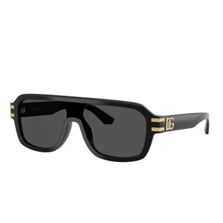 Dolce & Gabbana DG4507 sunglasses with black acetate pilot frame and solid grey lenses with gold temple accents, available at Lestyle Boutique at 136 Little Collins Street, Melbourne.