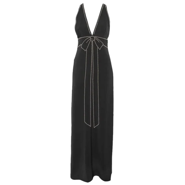 Boutique Moschino black sleeveless crepe gown featuring a plunging bow neckline contrast embellishments and floor length hem available at Lestyle Boutique 136 Little Collins St