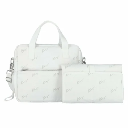 Kenzo Kids white and grey logo print polyester baby changing bag with handles, shoulder strap, multiple pockets, and included changing mat, available at Lestyle Boutique 136 Little Collins St.