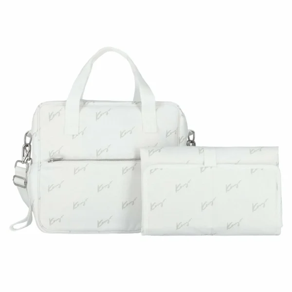 Kenzo Kids white and grey logo print polyester baby changing bag with handles shoulder strap multiple pockets and included changing mat available at Lestyle Boutique 136 Little Collins St