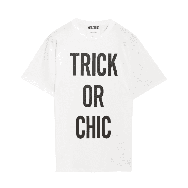 Moschino white cotton jersey T shirt featuring a black Trick or Chic slogan print round neck and short sleeves available at Lestyle Boutique 136 Little Collins St