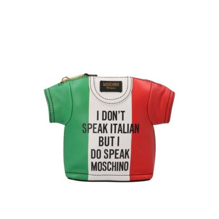 Moschino multicolor Italian Slogan T-shirt shaped bag in sheepskin leather with a gold-tone chain strap, available at Lestyle Boutique 136 Little Collins St. Sources and related content
