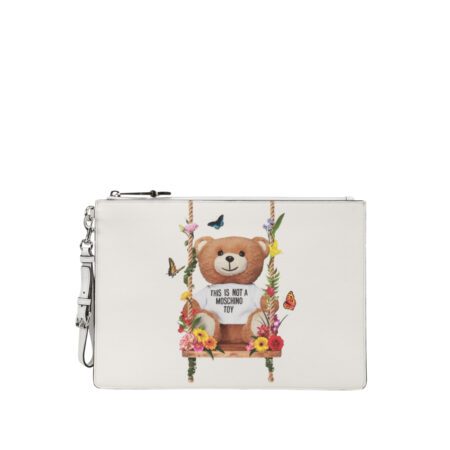 Moschino white polyurethane clutch featuring the 'This Is Not A Moschino Toy' Teddy Bear print, top zip closure, and detachable wristlet, available at Lestyle Boutique 136 Little Collins St.