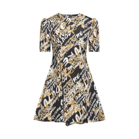 Versace Jeans Couture black trapeze style short dress in polyester crepe featuring a multi-color logo print, round collar, and short sleeves, available at Lestyle Boutique 136 Little Collins St.