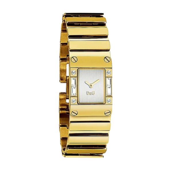 Dolce Gabbana DG Kilt DW0349 womens watch with a gold tone rectangular stainless steel case silverwhite logo dial and pink leather strap available at Lestyle Boutique 136 Little Collins St