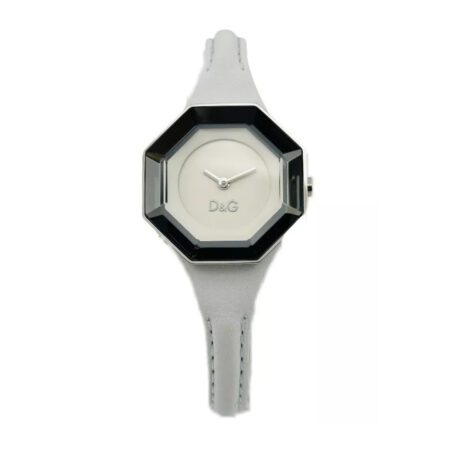 D&G Lady String DW0284 women's watch with a silver-tone octagonal case featuring a mirrored prism bezel, white dial, and white leather strap, available at Lestyle Boutique 136 Little Collins St.