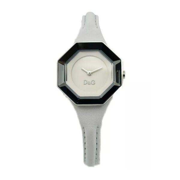 DG Lady String DW0284 womens watch with a silver tone octagonal case featuring a mirrored prism bezel white dial and white leather strap available at Lestyle Boutique 136 Little Collins St