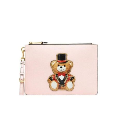 Moschino pink textured clutch featuring a multicolor Circus Teddy Bear print, top zip closure with gold-tone hardware, and a detachable wrist strap, available at Lestyle Boutique 136 Little Collins St.