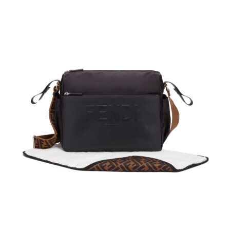 Fendi black nylon and leather changing bag featuring an embossed logo, FF logo shoulder strap, stroller hooks, and included changing mat, Made in Italy, available at Lestyle Boutique 136 Little Collins St.