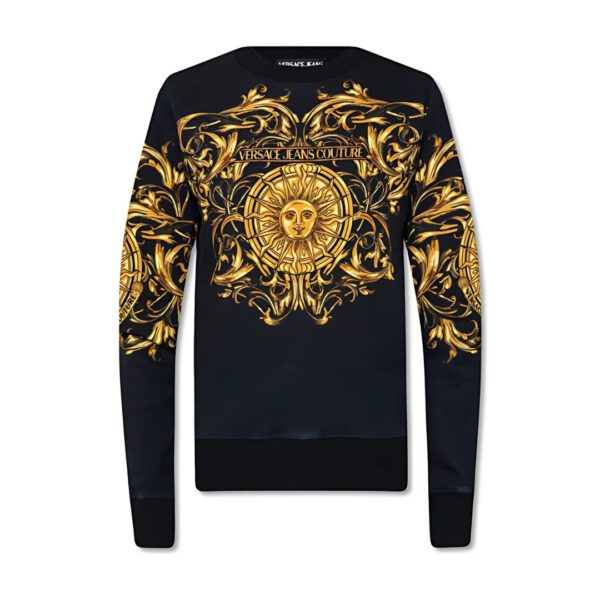 Versace Jeans Couture black 100 cotton sweatshirt featuring the Garland Sun motif a crew neck and long sleeves with ribbed trims available at Lestyle Boutique 136 Little Collins St