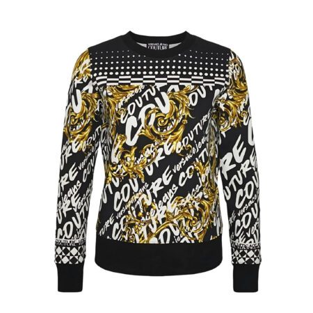 Versace Jeans Couture sweatshirt with a black, gold, and white baroque logo print, featuring a crew neck and long sleeves, available at Lestyle Boutique 136 Little Collins St.